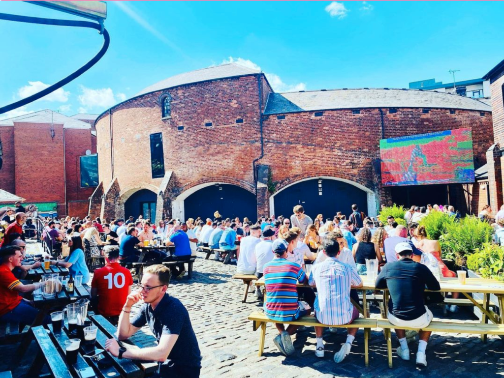 pub beer garden england v denmark euro 2020 football distillery canal birmingham